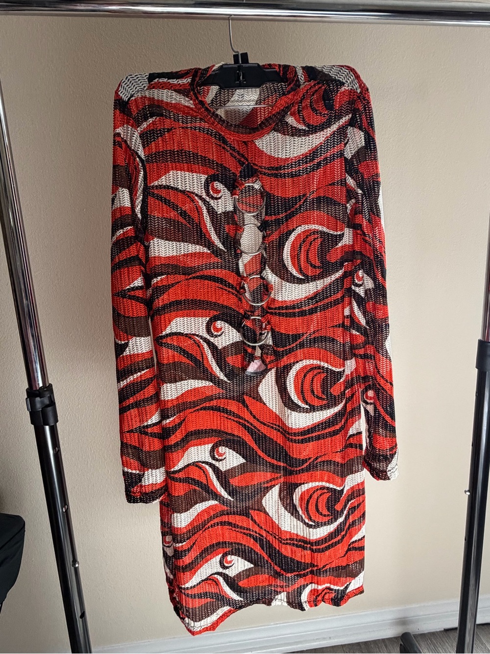 SHEIN Orange Black White Swirl Long Sleeve Dress with Ring Details